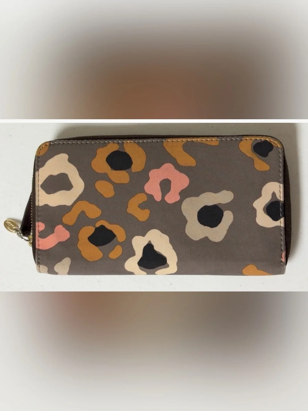Fossil Keyper Zip Around Wallet Retro Abstract Leopard Flower Pattern Canvas